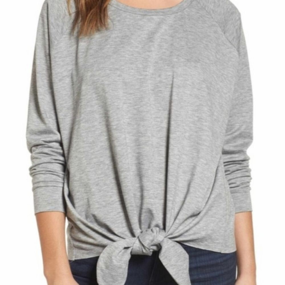 Nordstrom Caslon Top Women Medium Gray Knit Long Sleeve Casual Stretch Made USA